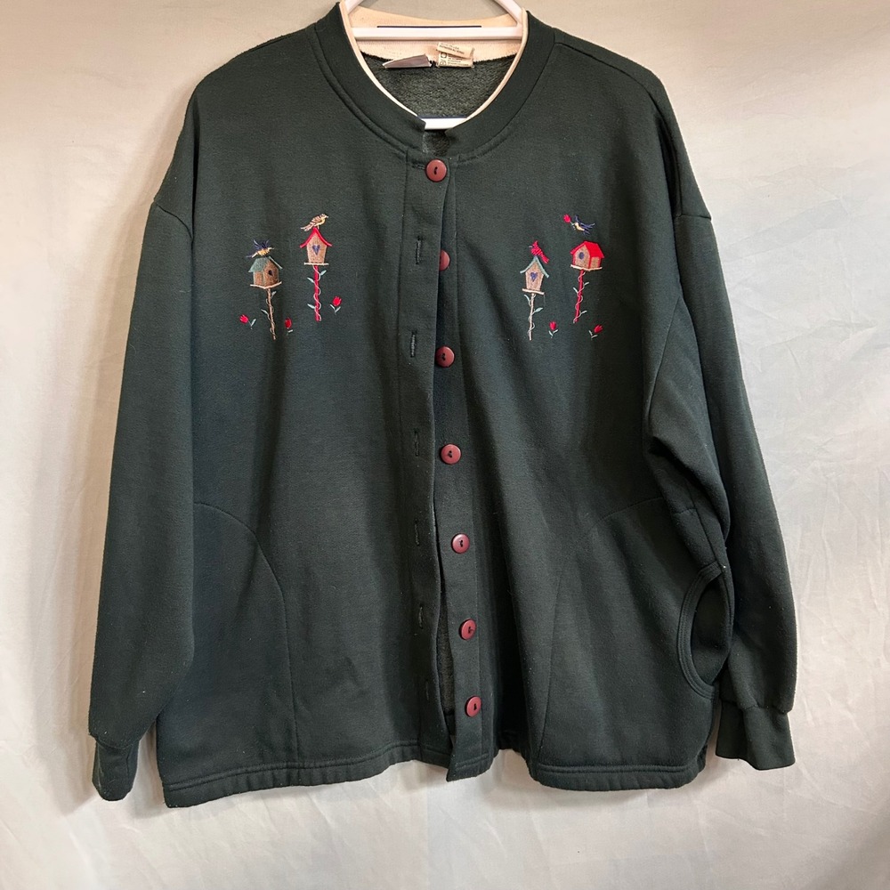 Bobbie Brooks Vintage Forest Green Embroidered Birdhouse Cardigan Sweatshirt XL